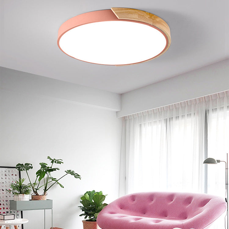 Modern Minimalist Round Macaron Iron Wood Acrylic LED Flush Mount Ceiling Light For Living Room Lumendat