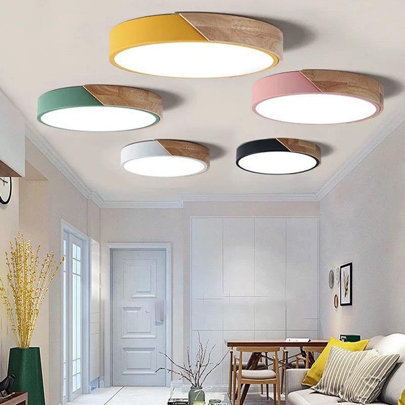 Modern Minimalist Round Macaron Iron Wood Acrylic LED Flush Mount Ceiling Light For Living Room Lumendat