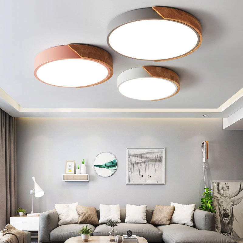Modern Minimalist Round Macaron Iron Wood Acrylic LED Flush Mount Ceiling Light For Living Room Lumendat