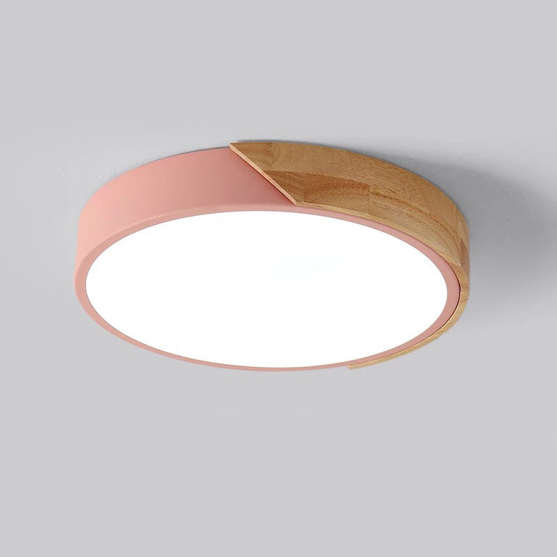 Modern Minimalist Round Macaron Iron Wood Acrylic LED Flush Mount Ceiling Light For Living Room Lumendat