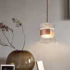 Traditional Japanese Transparent Ribbed Glass Shade Wood Copper 1 Light Pendant Light For Dining Room