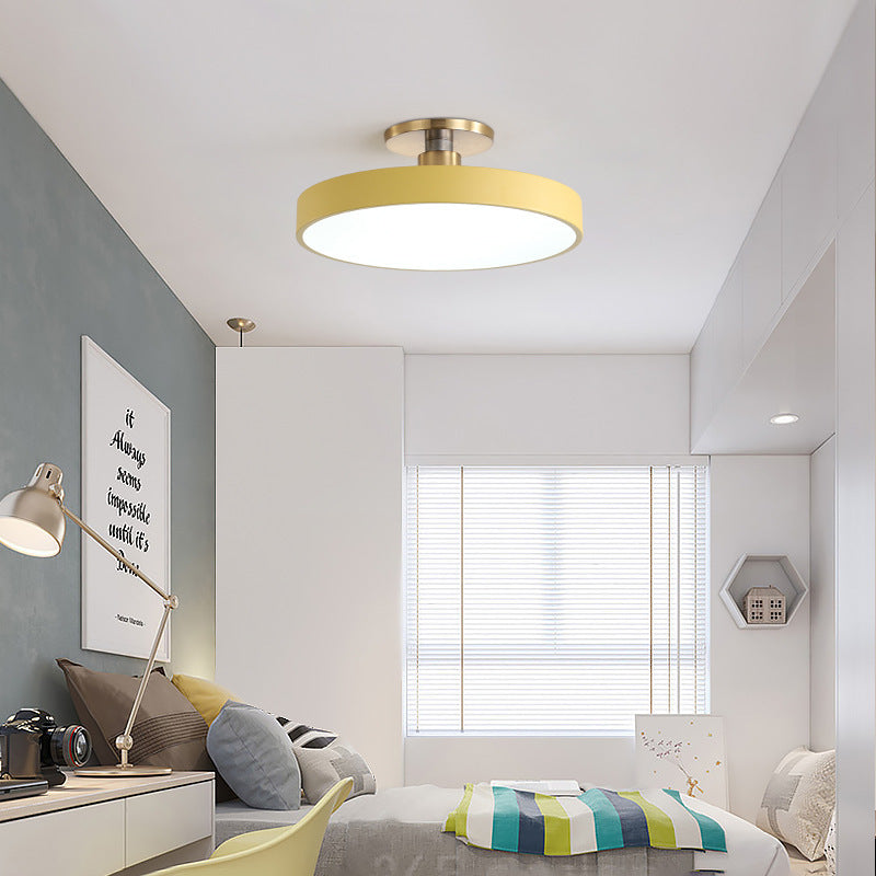 Modern Minimalist Round Shape Macaron Metal Acrylic LED Semi-flush Mount Ceiling Light for Bedroom
