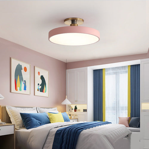 Modern Minimalist Round Shape Macaron Metal Acrylic LED Semi-flush Mount Ceiling Light for Bedroom