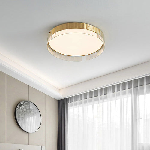 Modern Minimalist Round Vertical Pattern Glass PVC Metal LED Flush Mount Ceiling Light For Living Room