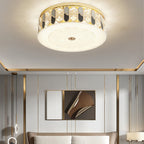Modern Luxury Round Crystal Square Beads Flower Wave Pattern Hardware Leather Shell Glass LED Flush Mount Ceiling Light For Bedroom