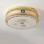 Modern Luxury Round Crystal Square Beads Flower Wave Pattern Hardware Leather Shell Glass LED Flush Mount Ceiling Light For Bedroom