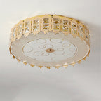 Modern Luxury Round Crystal Square Beads Flower Wave Pattern Hardware Leather Shell Glass LED Flush Mount Ceiling Light For Bedroom