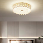 Modern Luxury Round Crystal Square Beads Flower Wave Pattern Hardware Leather Shell Glass LED Flush Mount Ceiling Light For Bedroom