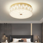 Modern Luxury Round Crystal Square Beads Flower Wave Pattern Hardware Leather Shell Glass LED Flush Mount Ceiling Light For Bedroom