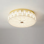 Modern Luxury Round Crystal Square Beads Flower Wave Pattern Hardware Leather Shell Glass LED Flush Mount Ceiling Light For Bedroom