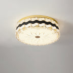 Modern Luxury Round Crystal Square Beads Flower Wave Pattern Hardware Leather Shell Glass LED Flush Mount Ceiling Light For Bedroom