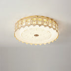 Modern Luxury Round Crystal Square Beads Flower Wave Pattern Hardware Leather Shell Glass LED Flush Mount Ceiling Light For Bedroom