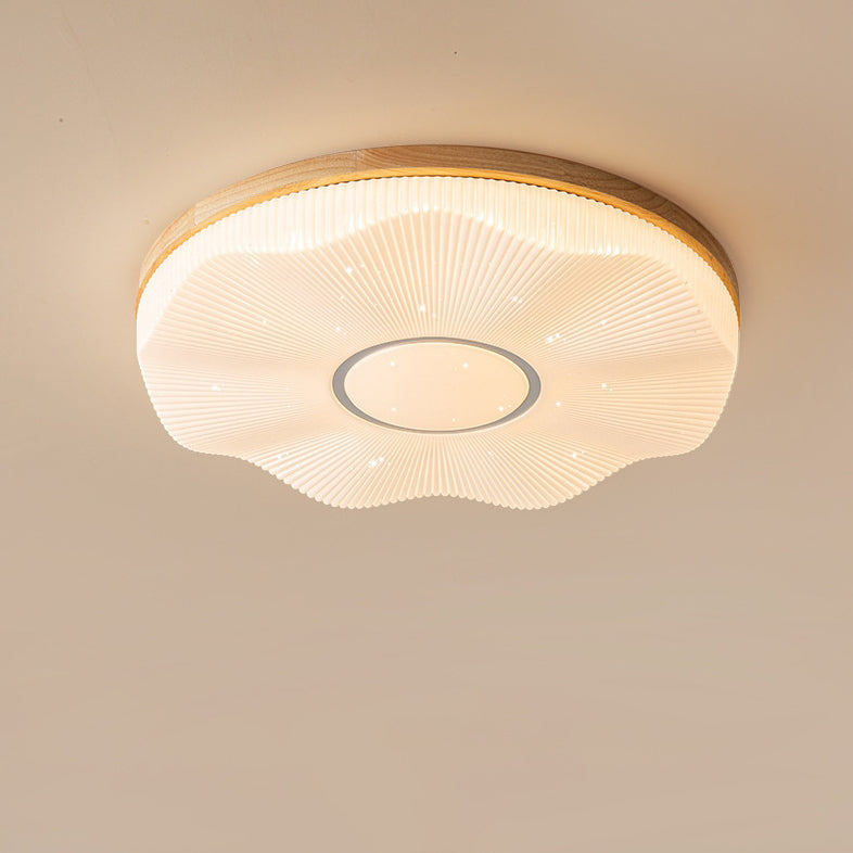 Traditional Japanese Round Flower Wood Acrylic LED Flush Mount Ceiling Light For Living Room