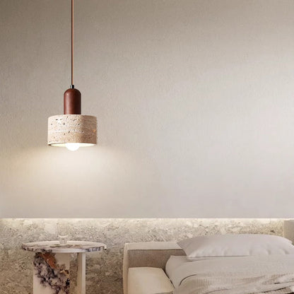 Contemporary Retro Round Travertine Texture Wood 1-light Pendant Light for Dining Room