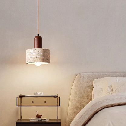 Contemporary Retro Round Travertine Texture Wood 1-light Pendant Light for Dining Room