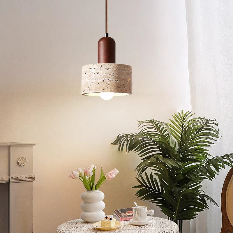 Contemporary Retro Round Travertine Texture Wood 1-light Pendant Light for Dining Room