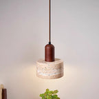 Contemporary Retro Round Travertine Texture Wood 1-light Pendant Light for Dining Room