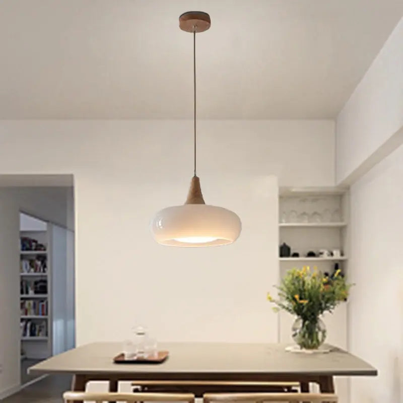 Contemporary Nordic Cream Persimmon Wood Glass 1-light Pendant Light for Dining Room Lumendat