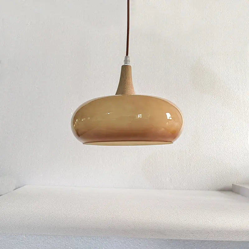 Contemporary Nordic Cream Persimmon Wood Glass 1-light Pendant Light for Dining Room Lumendat