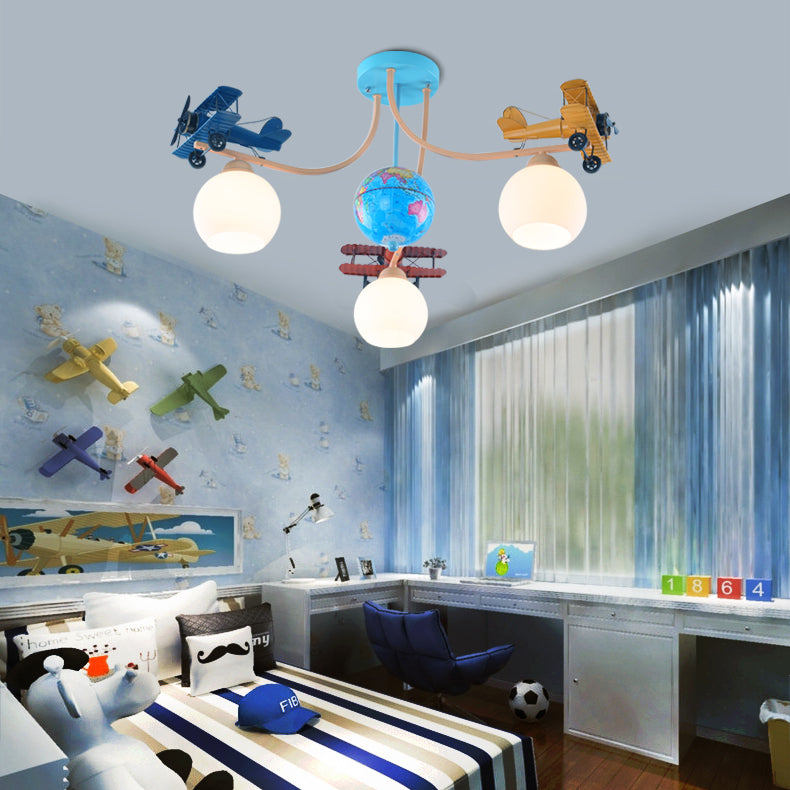 Lumendat Contemporary Creative Kids Global Airplane Hardware Glass 3-Light Chandelier For Bedroom Lumendat
