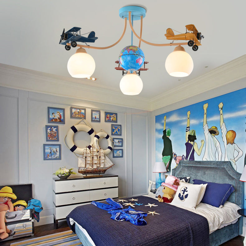 Lumendat Contemporary Creative Kids Global Airplane Hardware Glass 3-Light Chandelier For Bedroom Lumendat