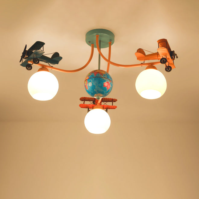 Lumendat Contemporary Creative Kids Global Airplane Hardware Glass 3-Light Chandelier For Bedroom Lumendat