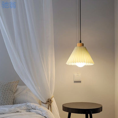 Traditional Japanese Pleated Cone Fabric Wood 1-Light Pendant Light For Living Room