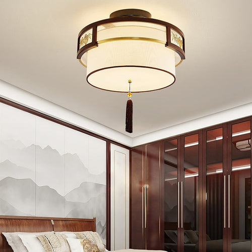 Traditional Chinese Tassels Round Bamboo Carving Fabric Wood Brass 3/5-Light Semi-Flush Mount Ceiling Light For Living Room