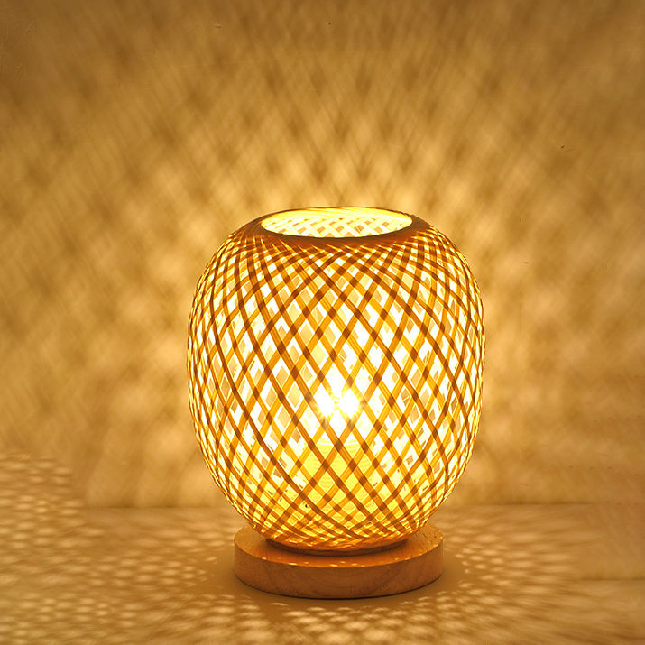 Contemporary Boho Wood Bamboo Weaving Lantern Shape 1-Light Table Lamp For Bedroom Lumendat