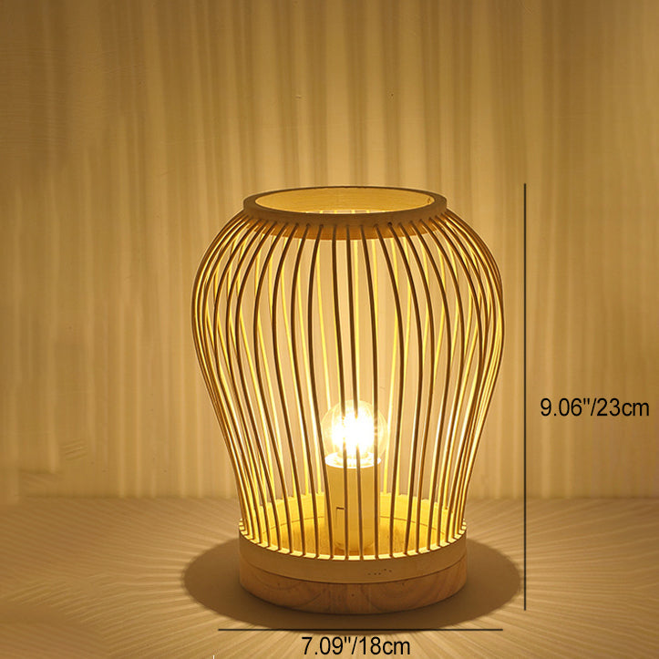 Contemporary Boho Wood Bamboo Weaving Lantern Shape 1-Light Table Lamp For Bedroom Lumendat