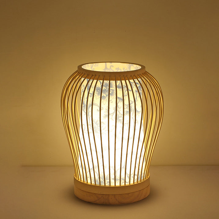 Contemporary Boho Wood Bamboo Weaving Lantern Shape 1-Light Table Lamp For Bedroom Lumendat