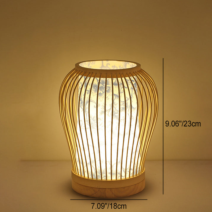 Contemporary Boho Wood Bamboo Weaving Lantern Shape 1-Light Table Lamp For Bedroom Lumendat
