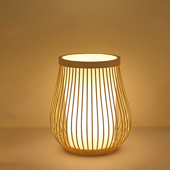 Contemporary Boho Wood Bamboo Weaving Lantern Shape 1-Light Table Lamp For Bedroom Lumendat