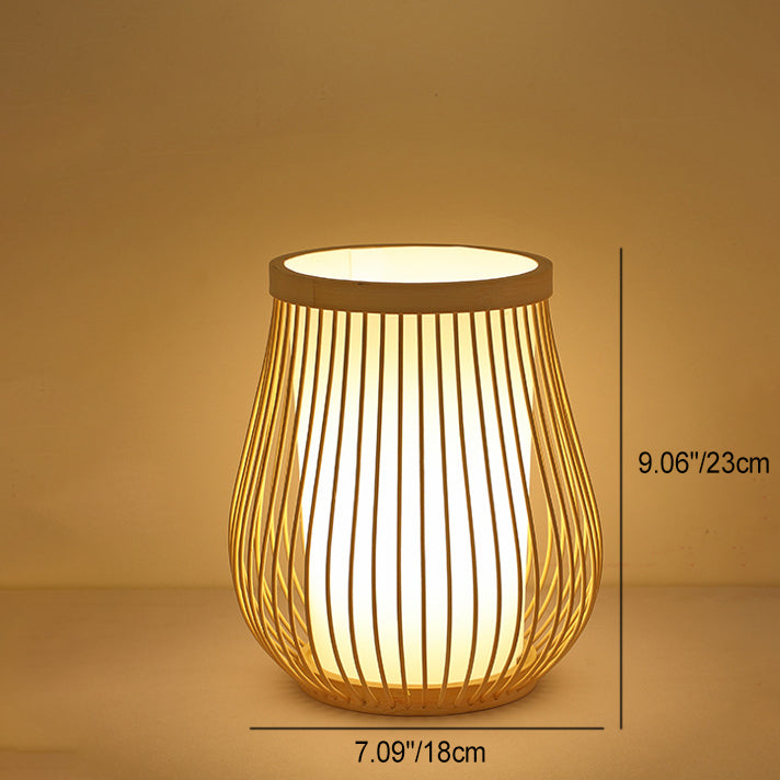 Contemporary Boho Wood Bamboo Weaving Lantern Shape 1-Light Table Lamp For Bedroom Lumendat