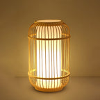 Contemporary Boho Wood Bamboo Weaving Lantern Shape 1-Light Table Lamp For Bedroom Lumendat