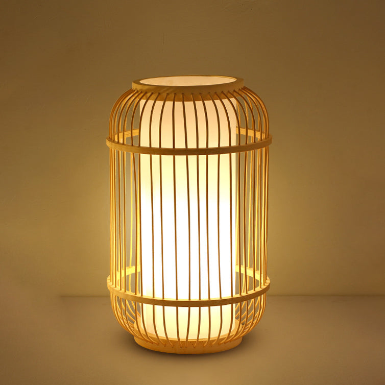 Contemporary Boho Wood Bamboo Weaving Lantern Shape 1-Light Table Lamp For Bedroom Lumendat