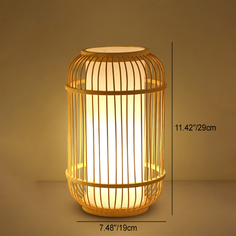 Contemporary Boho Wood Bamboo Weaving Lantern Shape 1-Light Table Lamp For Bedroom Lumendat
