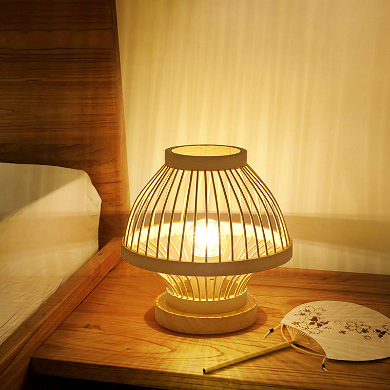 Contemporary Boho Wood Bamboo Weaving Lantern Shape 1-Light Table Lamp For Bedroom Lumendat