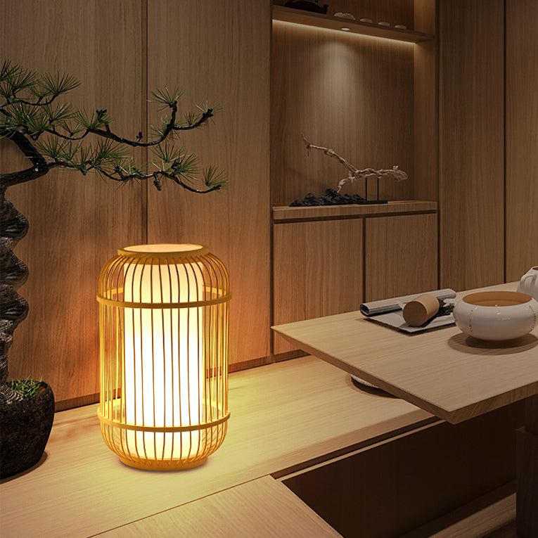 Contemporary Boho Wood Bamboo Weaving Lantern Shape 1-Light Table Lamp For Bedroom Lumendat