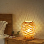 Contemporary Boho Wood Bamboo Weaving Lantern Shape 1-Light Table Lamp For Bedroom Lumendat