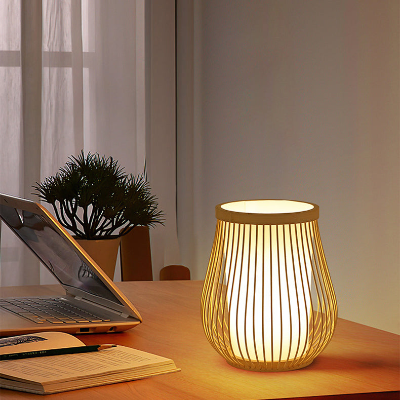 Contemporary Boho Wood Bamboo Weaving Lantern Shape 1-Light Table Lamp For Bedroom Lumendat