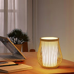 Contemporary Boho Wood Bamboo Weaving Lantern Shape 1-Light Table Lamp For Bedroom Lumendat