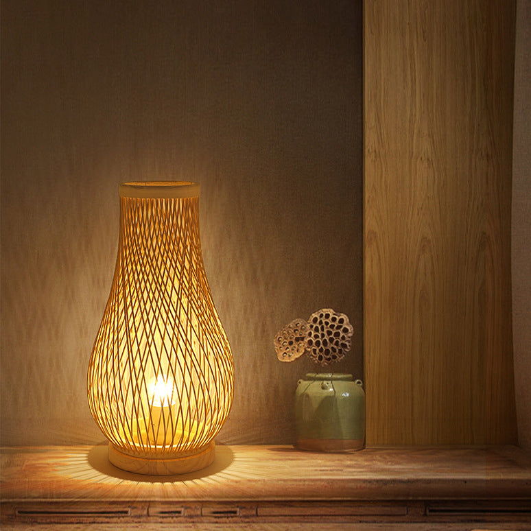 Contemporary Boho Wood Bamboo Weaving Lantern Shape 1-Light Table Lamp For Bedroom Lumendat
