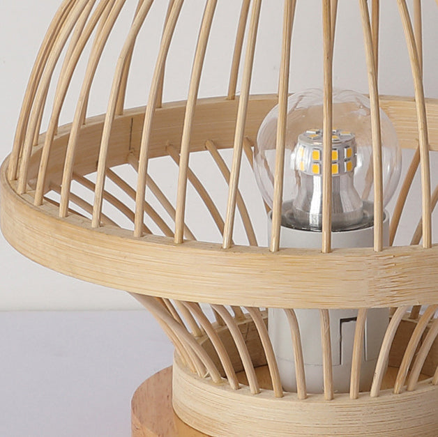 Contemporary Boho Wood Bamboo Weaving Lantern Shape 1-Light Table Lamp For Bedroom Lumendat