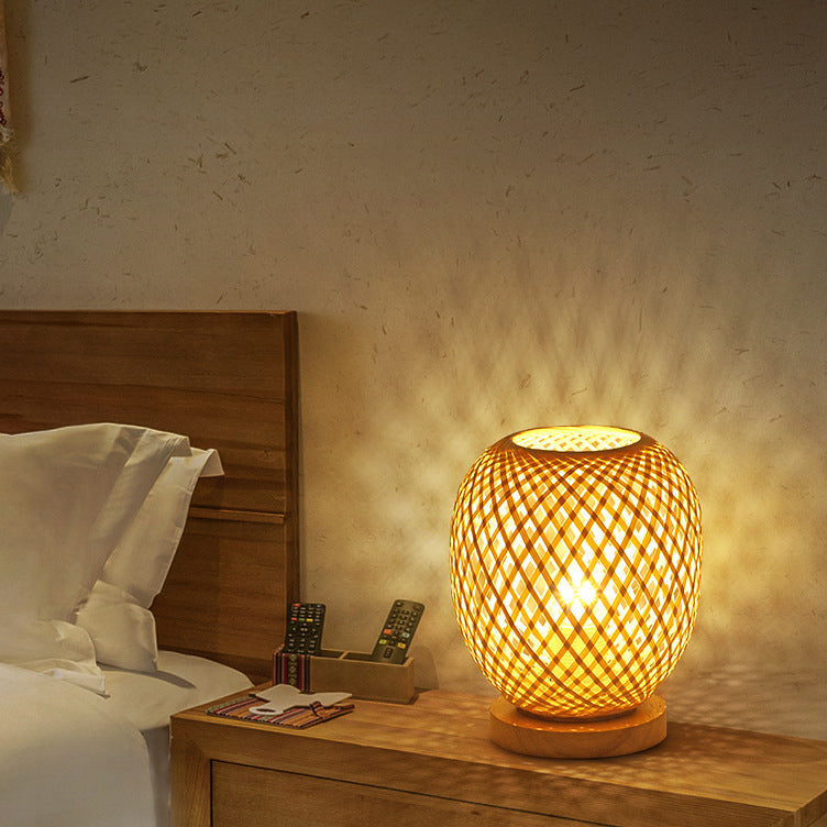 Contemporary Boho Wood Bamboo Weaving Lantern Shape 1-Light Table Lamp For Bedroom Lumendat