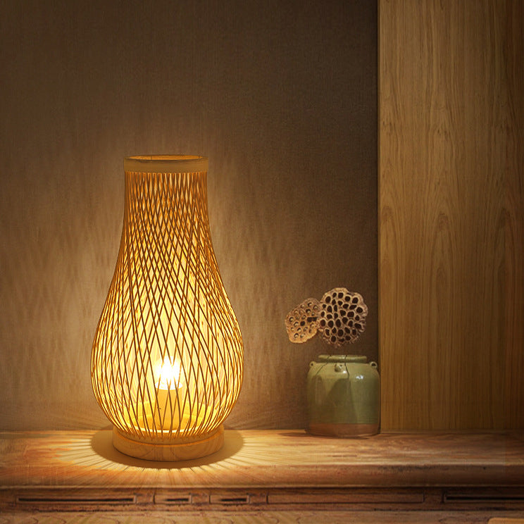 Contemporary Boho Wood Bamboo Weaving Lantern Shape 1-Light Table Lamp For Bedroom Lumendat