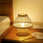 Contemporary Boho Wood Bamboo Weaving Lantern Shape 1-Light Table Lamp For Bedroom Lumendat