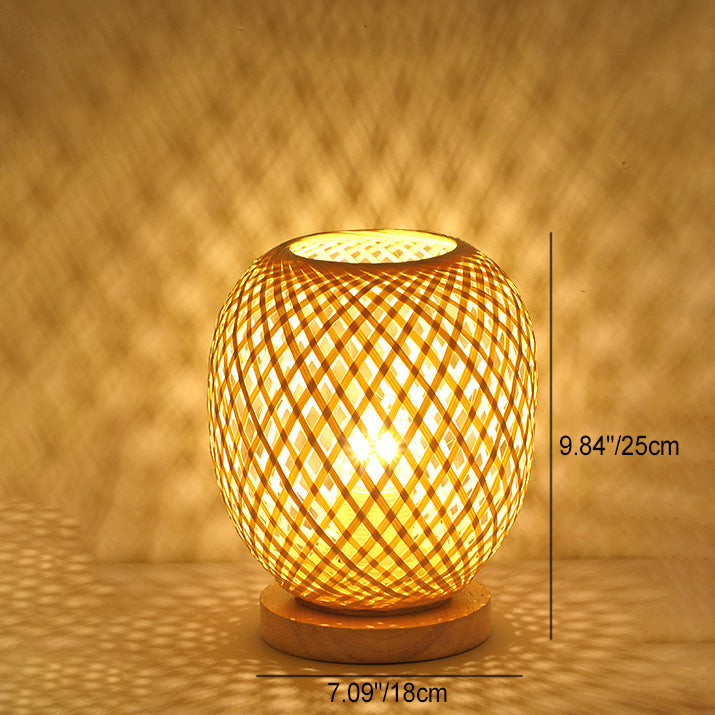Contemporary Boho Wood Bamboo Weaving Lantern Shape 1-Light Table Lamp For Bedroom Lumendat