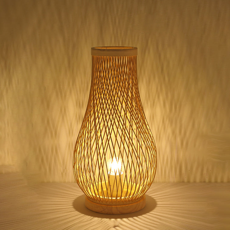 Contemporary Boho Wood Bamboo Weaving Lantern Shape 1-Light Table Lamp For Bedroom Lumendat