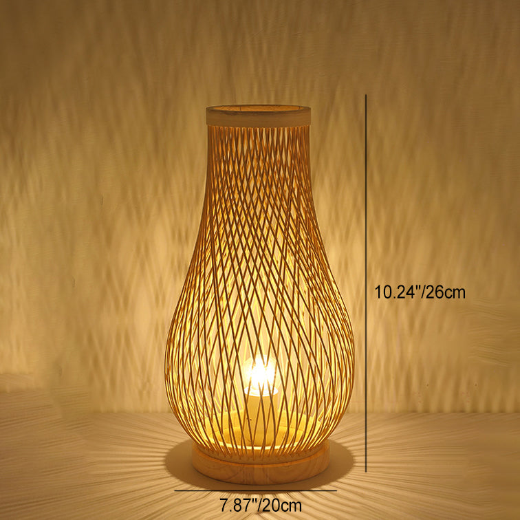 Contemporary Boho Wood Bamboo Weaving Lantern Shape 1-Light Table Lamp For Bedroom Lumendat